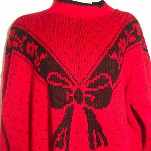 Vintage Polka Dot Black Bow Red Sweater Pullover L XL